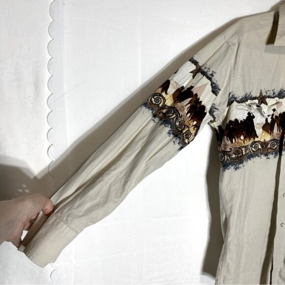 Vintage Panhandle Slim Beige Cowboy Horses Landscape Print Pearl Snap Shirt L - Picture 7 of 12